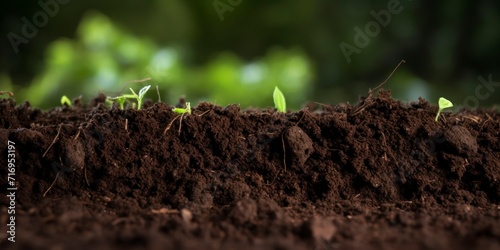 Close up of green sprout growing in soil. Nature background.