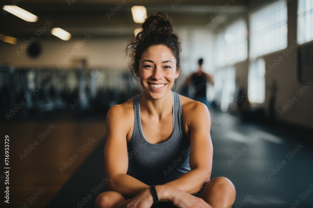 Portrait of an active girl in her 30s doing sit ups in a gym. With generative AI technology