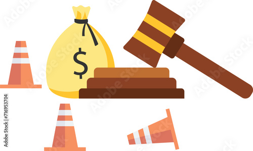 Workers compensation, insurance providing wages replacement, Employee injured benefit, Legal or law to compensate payment, Justice gavel with dollar money, Symbol and accident pylons

