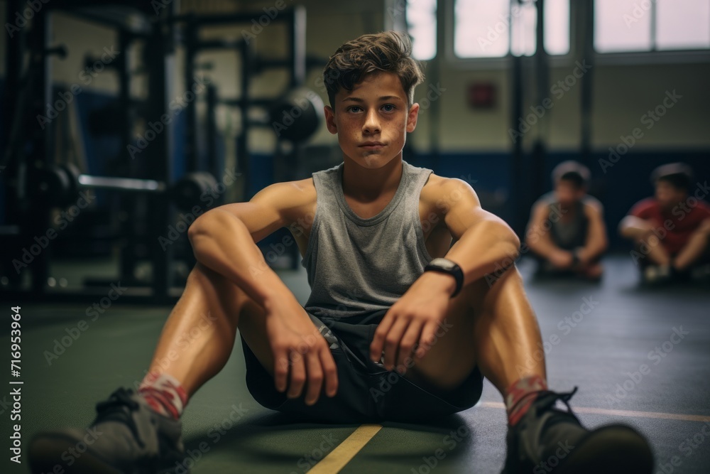 Portrait of an active boy in his 30s doing sit ups in a gym. With generative AI technology