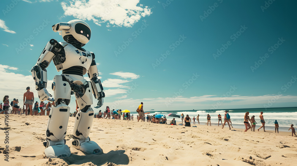 A robot acting as a lifeguard at a busy beach enhancing safety and emergency response. - obrazy, fototapety, plakaty 