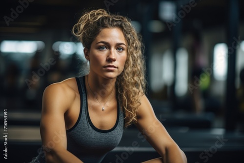 Portrait of a concentrated girl in her 30s doing sit ups in a gym. With generative AI technology