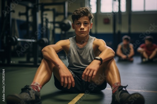 Portrait of an active boy in his 30s doing sit ups in a gym. With generative AI technology