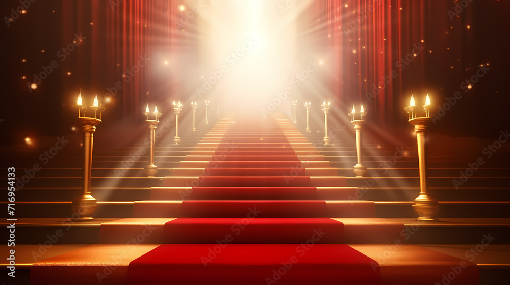 Red carpet on the stairs on dark background, the way to glory, victory and success Red carpet on the stairs on dark background, the way to glory, victory and success