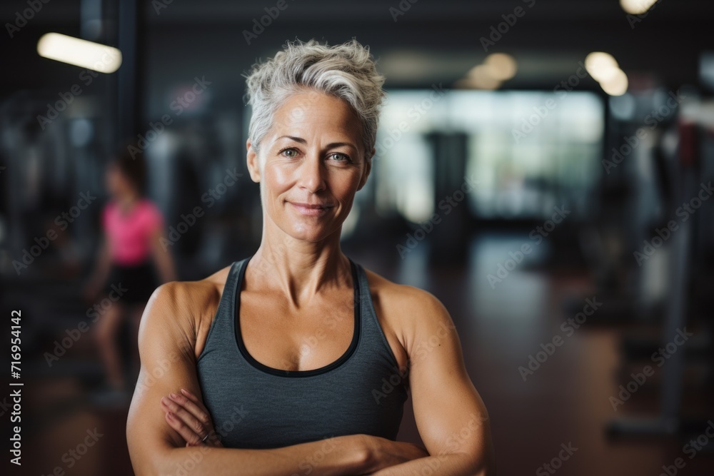 Portrait of an inspired mature woman doing sit ups in a gym. With generative AI technology Portrait of an inspired mature woman doing sit ups in a gym. With generative AI technology