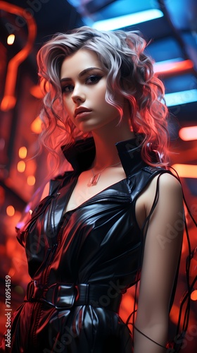 A high-tech futuristic background with neon lights  featuring a model in avant-garde attire  embodying a cyberpunk aesthetic