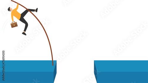 Overcome difficulty to reach business success, Challenge or determination for leader, Solution or skill to achieve target, Pole vault jumping cross over cliff gap

