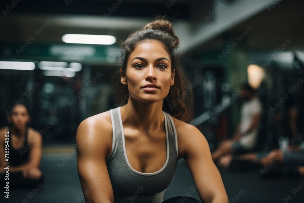 Portrait of a focused girl in her 20s doing sit ups in a gym. With generative AI technology
