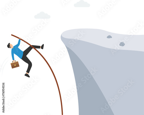 Overcome difficulty to reach business success, Challenge or determination for leader, Solution or skill to achieve target, Pole vault jumping cross over cliff gap

