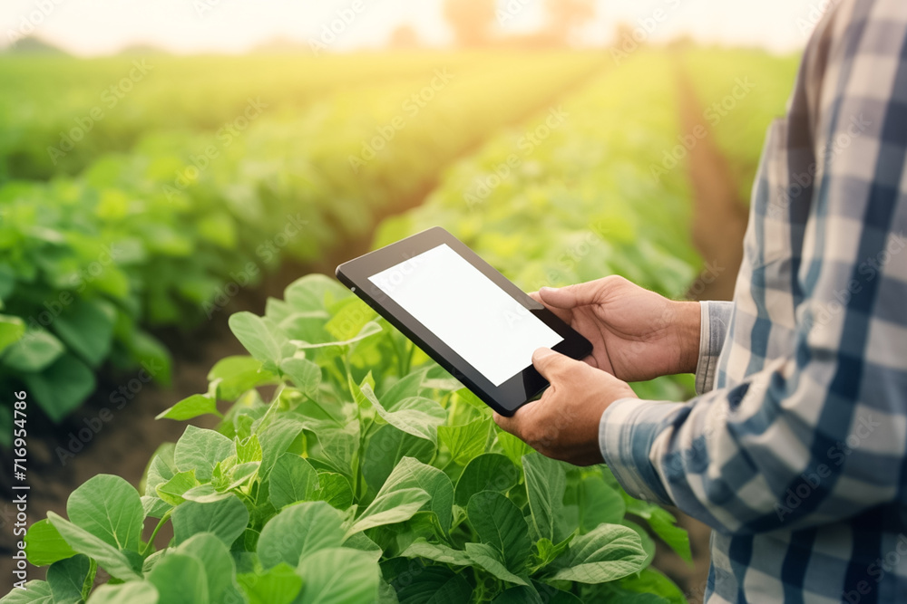 Cropped shot of an adult male farmer using a tablet while working on her soy field.
