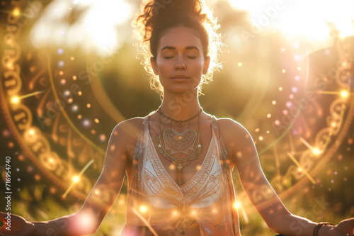 A woman practicing yoga meditation in nature, reaching mindfulness, spiritual awareness and nirvana, surrounded by mystical lights effects