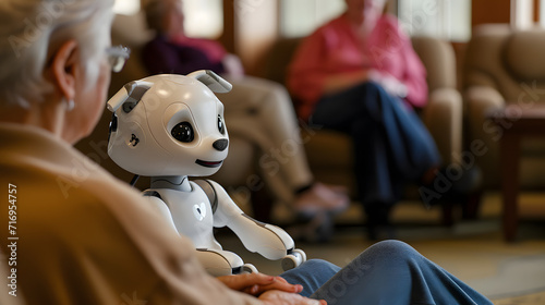 A robotic pet therapy session in a senior living facility aiding in emotional support and companionship. photo