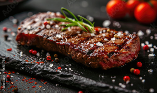 A food photo of a tasty steak on a stone , salt , spicy , hq , macro photo