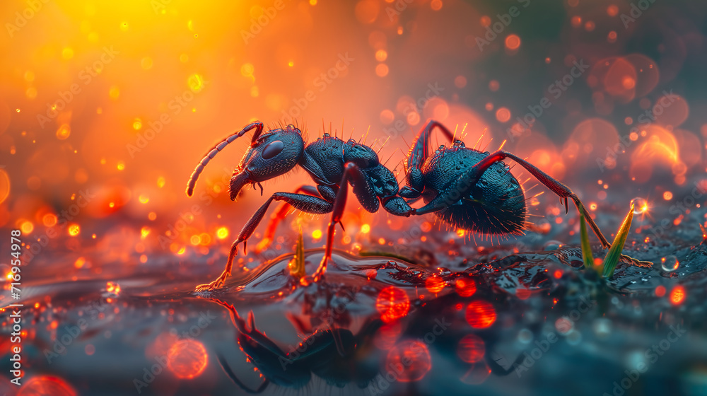 Macro shot of an ant, in bright colors with water drops, extreme close-up Macro shot of an ant, in bright colors with water drops, extreme close-up