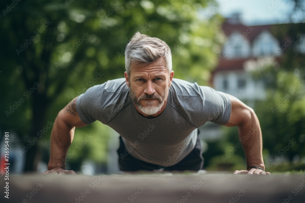 Portrait of an inspired mature man doing push ups outdoors. With generative AI technology Portrait of an inspired mature man doing push ups outdoors. With generative AI technology