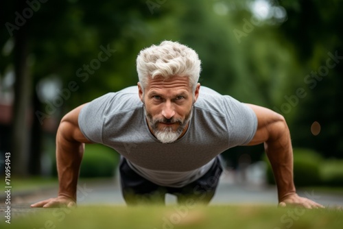 Portrait of an inspired mature man doing push ups outdoors. With generative AI technology