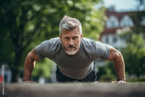 Portrait of an inspired mature man doing push ups outdoors. With generative AI technology