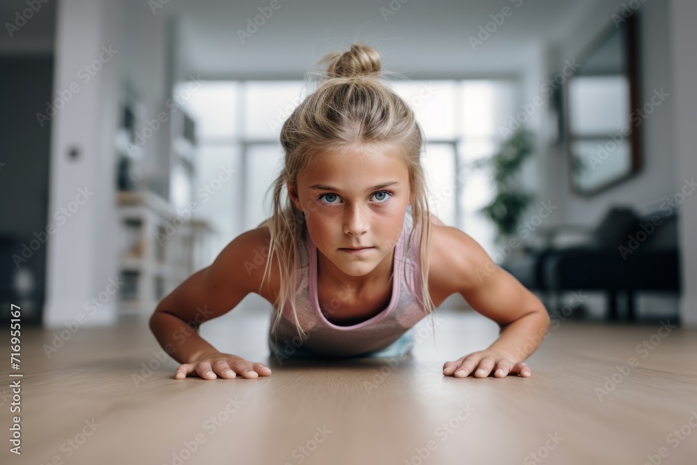 Portrait of a focused kid female doing push ups in an empty room. With generative AI technology Portrait of a focused kid female doing push ups in an empty room. With generative AI technology