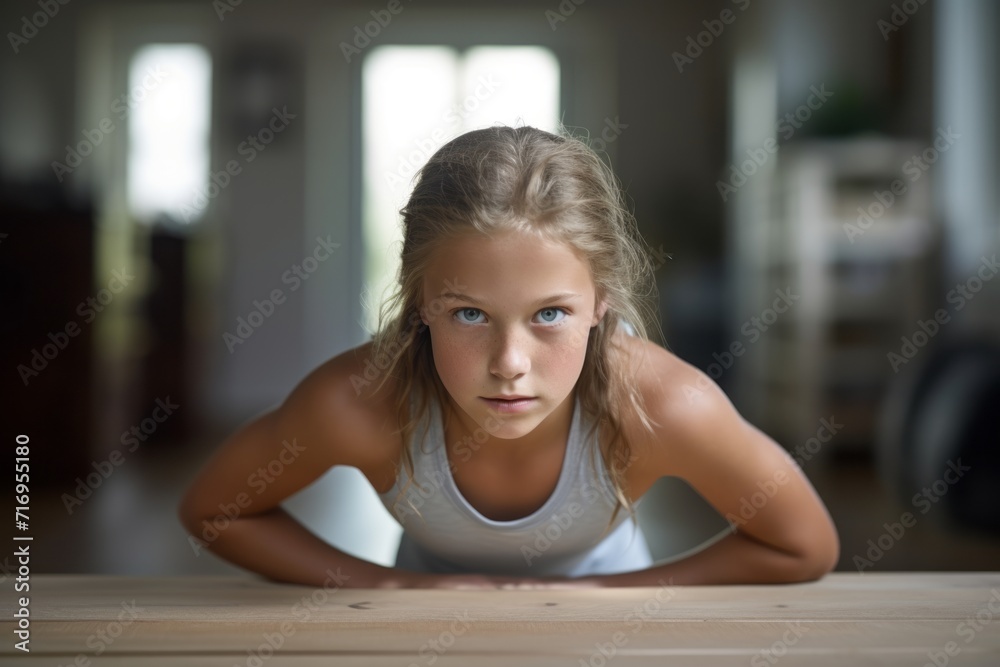 Portrait of a serious kid female doing push ups in an empty room. With generative AI technology