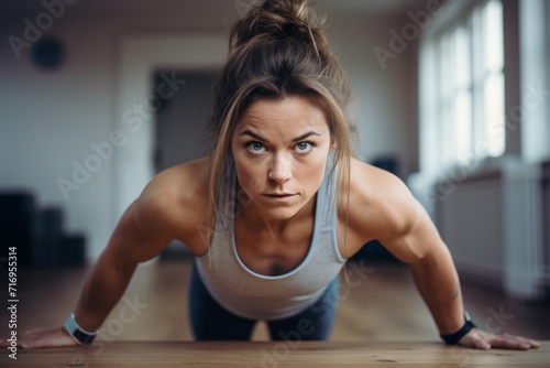 Portrait of a serious girl in her 30s doing push ups in an empty room. With generative AI technology