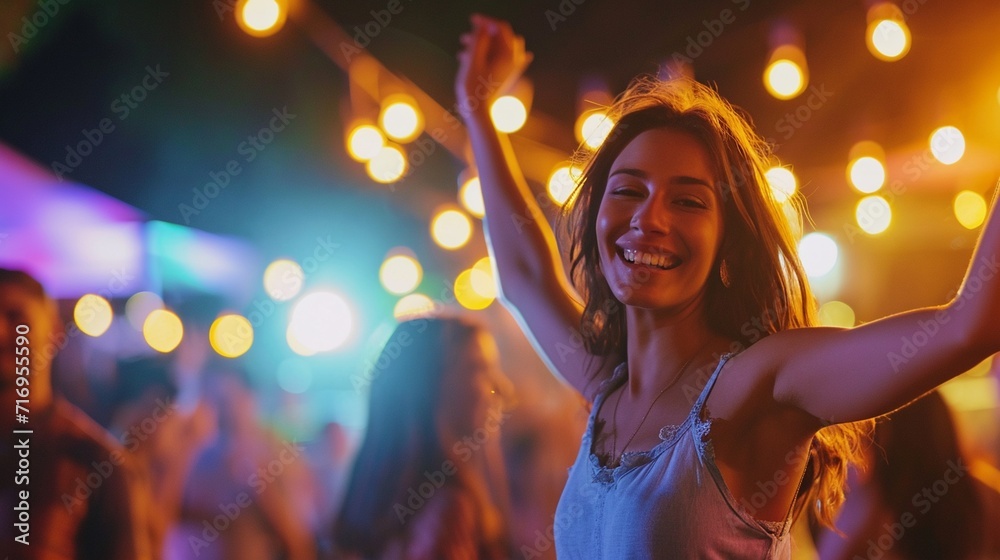 Obraz premium Happy young woman dancing among a group of young people in night club, shiny blurred background, copy space.