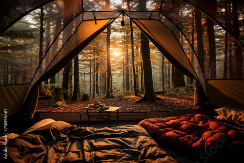 Camping tent in the forest during the autumn season. Travel concept. photo