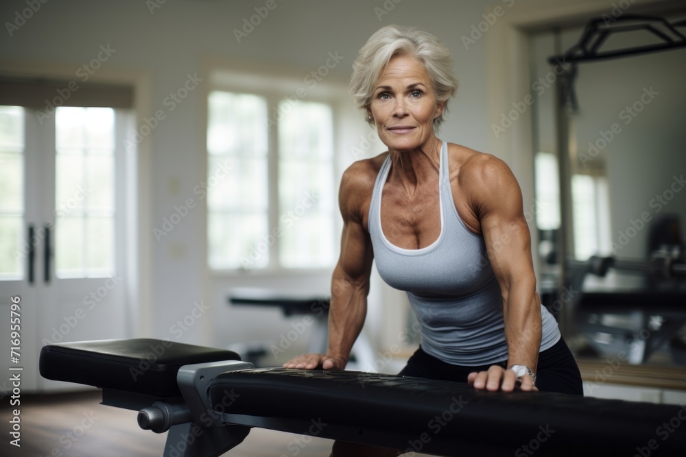 Portrait of a relaxed mature woman practicing weight bench in an empty room. With generative AI technology Portrait of a relaxed mature woman practicing weight bench in an empty room. With generative AI technology