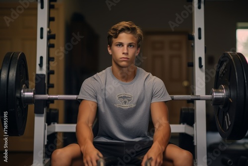 Portrait of a focused boy in his 20s practicing weight bench in an empty room. With generative AI technology