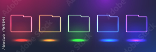 Set of bright neon folders icons of different colors. Glowing linear folder signs. Vector Illustration