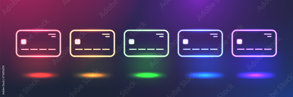Set of bright neon credit card icons of different colors. Glowing linear bank card signs. Set of bright neon credit card icons of different colors. Glowing linear bank card signs.