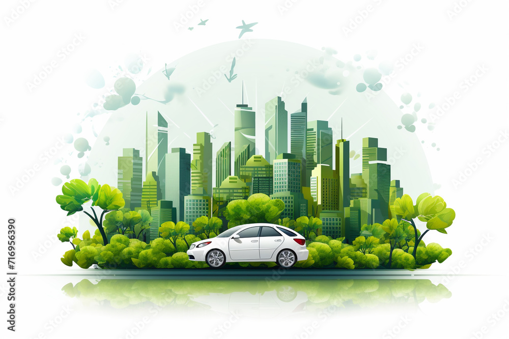 Ecology city background with green trees and car. 