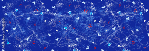 Ultra blue horizontal hockey banner. Ice texture, skates, stars, hockey players and pucks. Sports background.