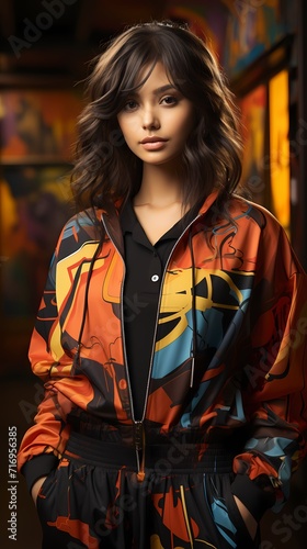 A Japanese girl donning a black tracksuit with colorful accents strikes a confident pose against a solid orange background with dynamic lines and abstract shapes