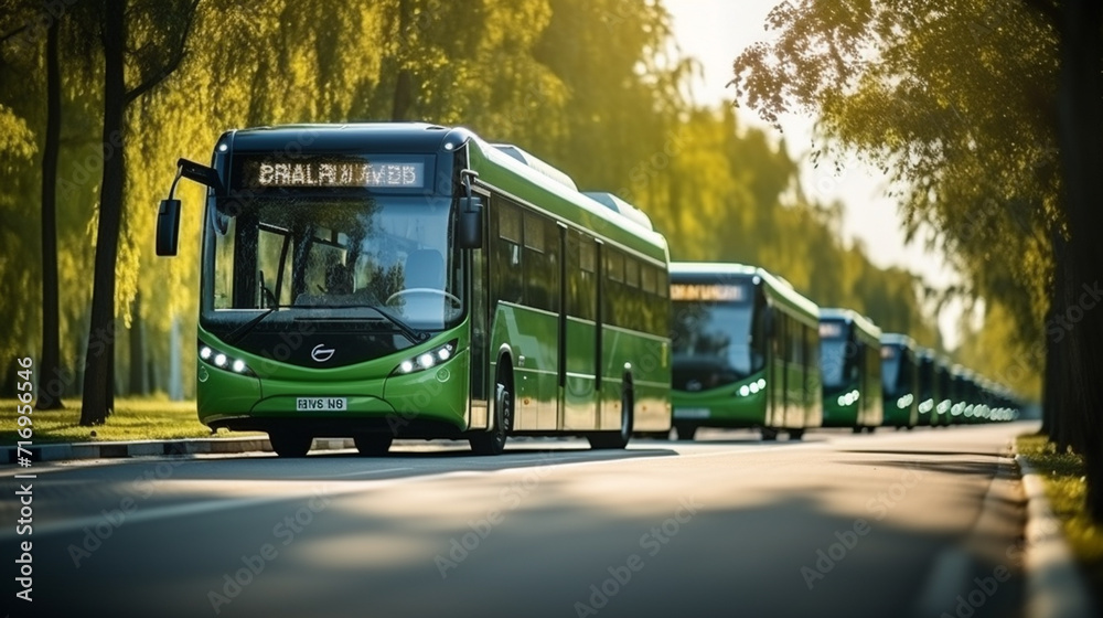 Green bus on the road in the park. Public transport concept.