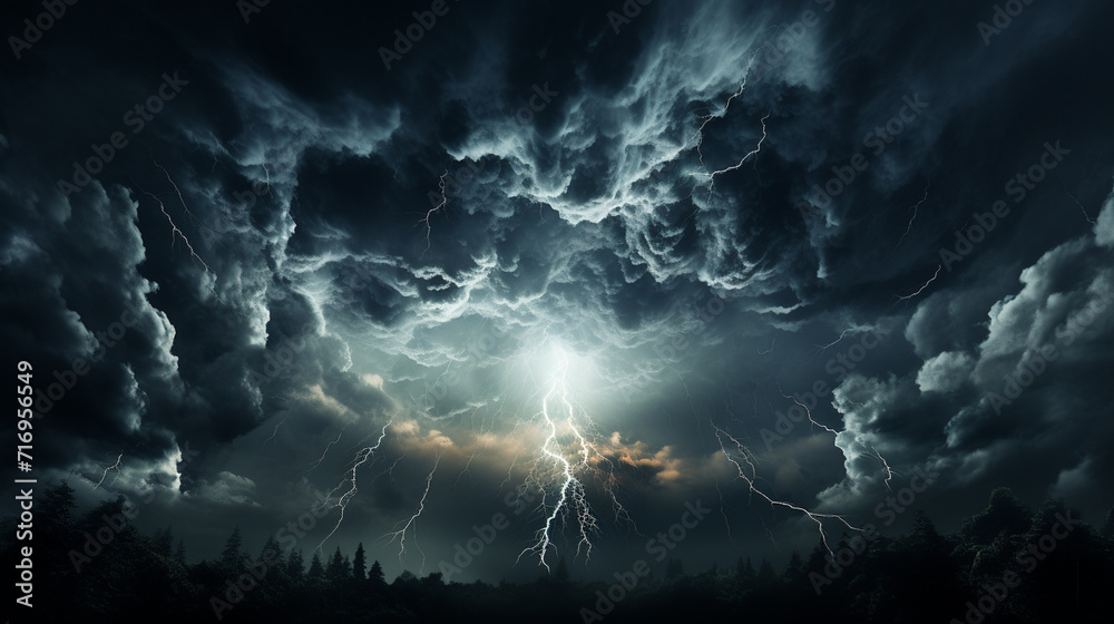 Lightning strike in dark forest. Thunderstorm. 3D rendering