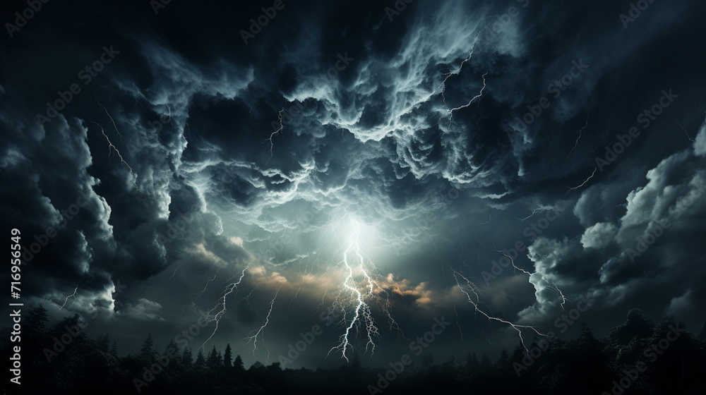 Lightning strike in dark forest. Thunderstorm. 3D rendering Lightning strike in dark forest. Thunderstorm. 3D rendering