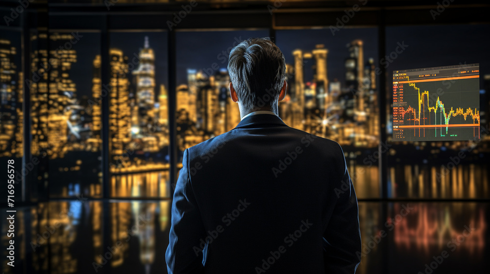 Back view of businessman looking at night city and his reflection in window