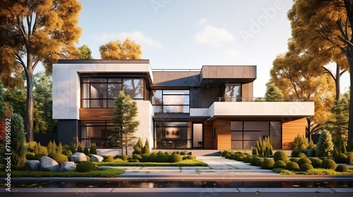 3d rendering of modern cozy house on the hill with garage and pool for sale or rent with beautiful landscaping on background © StockHaven