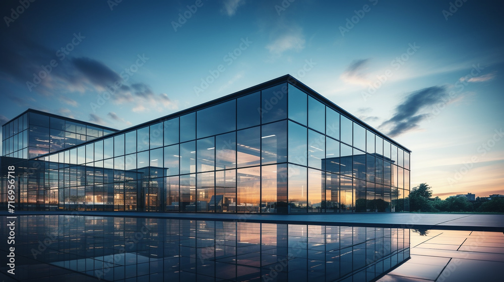 Modern office building with glass facade at sunset. 3d render.