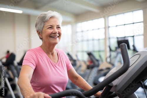 Portrait of a satisfied mature woman practicing elliptical bike in a gym. With generative AI technology © Markus Schröder