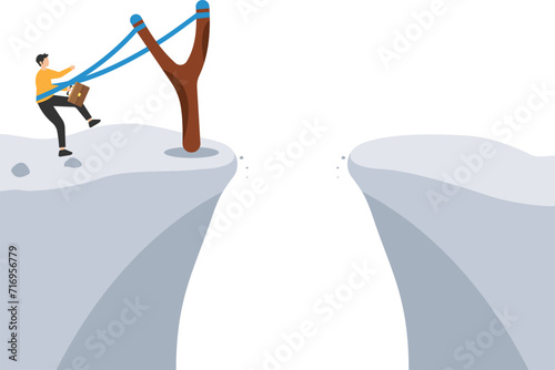 Overcome difficulty to reach business success, challenge or determination for leader, Solution or skill to achieve target, Pole vault jumping cross over cliff

