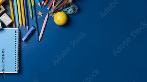 School supplies on a blue background. Back to school concept. Copy space. photo