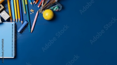 School supplies on a blue background. Back to school concept. Copy space.