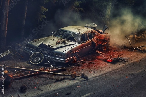Broken car wreck. A broken old car on the road in the forest after an accident. The concept of an accident