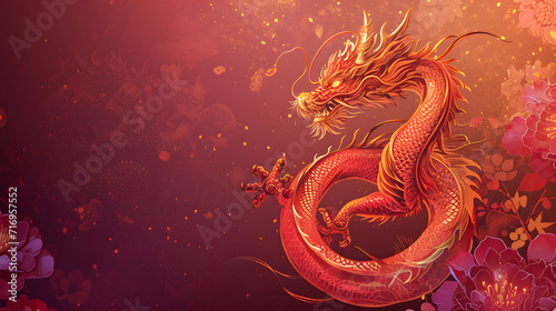 Year of the Dragon. Chinese New Year 2024 Red Dragon and Flowers Illustration with Text Space