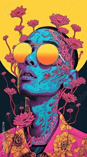 In a graphic rock-inspired creation  you are different to everyone. Mirror glasses  dream landscape  psychedelic flowers  60s vibes converge in a surreal  vibrant  and dreamlike composition.