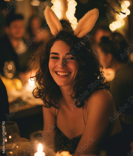 Young beautiful smiling woman with bunny ears headband at the party