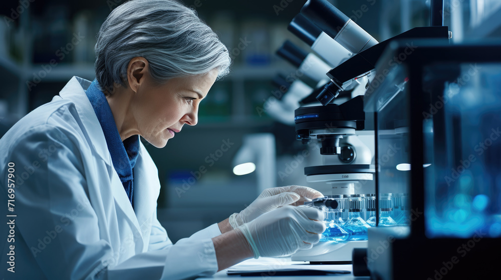 Focused scientist using a pipette in a laboratory setting with a microscope and test tubes visible, indicating research or experimentation. Focused scientist using a pipette in a laboratory setting with a microscope and test tubes visible, indicating research or experimentation.