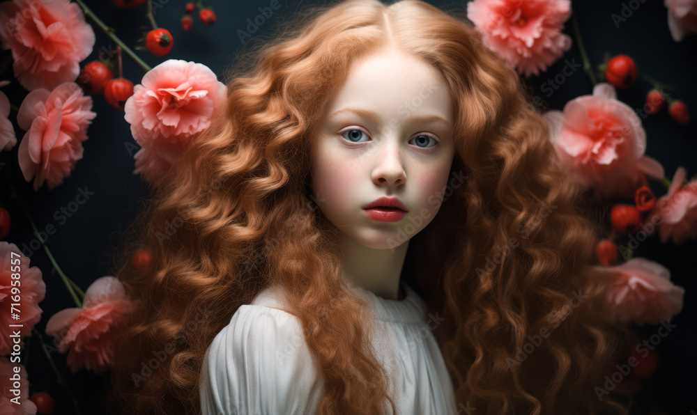 Ethereal young girl with voluminous curly red hair adorned with pale pink flowers and vibrant red blooms against a dark backdrop