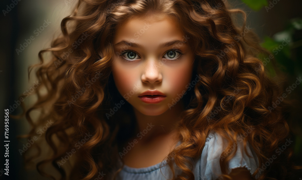 Portrait of a young girl with deep blue eyes and voluminous curly hair, emanating innocence and beauty in a mystical, soft-focus ambiance